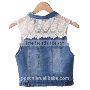 OEM Design Off-shoulder Sleeveless Coat Blue and White Color Jeans Lace Custom Denim Outdoor Life Women Jacket for Denim Jacket thumbnail-3