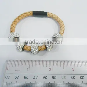 Stainless Steel Leather Bracelet With Crystal Charm thumbnail-3