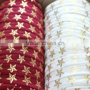 5/8" Fold Over Elastic Red With Gold Stars - Pattern, Metallic, Printed Elastic Band thumbnail-3