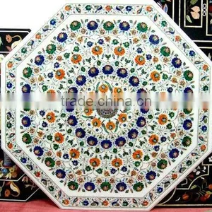 Pietra Dura White Marble Inlay Coffee Table Top thumbnail-1