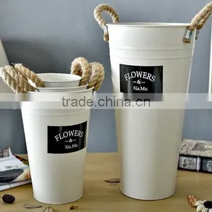 Rustic Metal Galvanized Flower Plant Pot With Hemp Rope Handles thumbnail-3