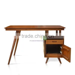 Writing Desk Vintage Style Solid Teak Wood Medium Brown Color With Drawer thumbnail-2