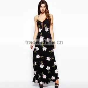 Ladies Summer Sleeveless Classic Floral Print Deep V-neck Back Open Sexy Halt Fitted Long Sexy Split Maxi Dress thumbnail-4