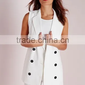 Women Fancy White Sleeveless Double Breasted Slim Fit Blazer thumbnail-2