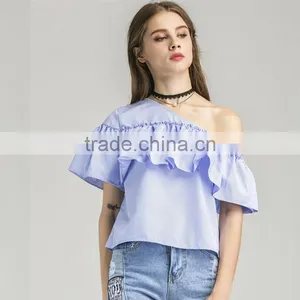 HOT Style Plaid Flouncing Short Sleeve, Women Sexy One-shoulder Blouse thumbnail-4