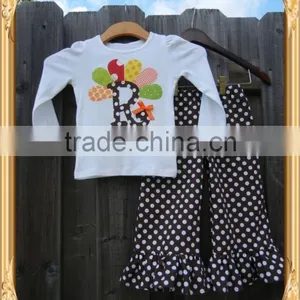 Thanksgiving Day Girls Remake Boutique Outfits Back to School Outfits Turkey Embroidered Top&polka Dots Ruffle Pants Sets thumbnail-1