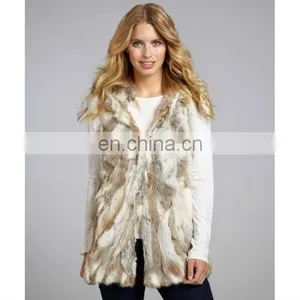Brown&white Rabbit Fur Hooded Vest/quality+OEM+ODM thumbnail-1