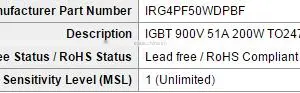 Insulated Gate Bipolar Translator IRG4PF50WDPBF IGBT 900V Warp 20-100kHz 51A 200W TO247AC thumbnail-2