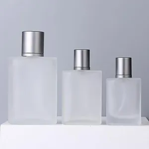 Hot Selling 30ml 50ml 100ml Square Shape Flat Shoulder Frosted Clear Glass Spray Bottles Perfume Dispenser thumbnail-1