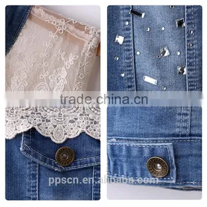 OEM Design Off-shoulder Sleeveless Coat Blue and White Color Jeans Lace Custom Denim Outdoor Life Women Jacket for Denim Jacket thumbnail-4