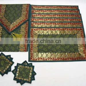 Indian Silk Table Runner With 6 Placemats & 6 Coaster in Green Color Size 16*62 thumbnail-1