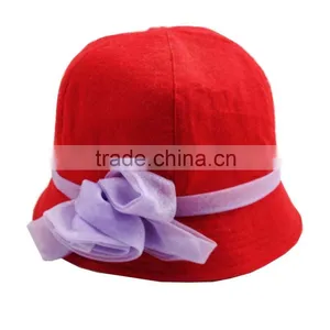 2016 New Design100% Cotton Fashion Gift Ladies Wool Felt Cap Hat Bucket Hat With Black Bow thumbnail-1