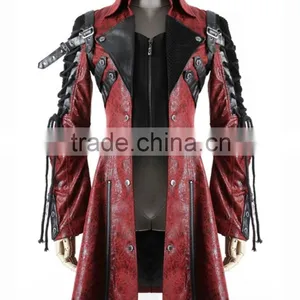 Mens Red Black Faux Leather Goth Steampunk Military Coat thumbnail-1