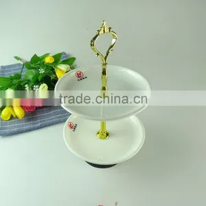 Wholesale Stocked Porcelain Two Layers Cake Stand for Food, Porcelain Fruit Plate With Gold Line,wedding Cake Use thumbnail-2