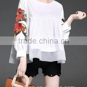 2017 Summer Newest Fashion Round Neck Long Sleeve Blouse With Patch on Sleeve thumbnail-2