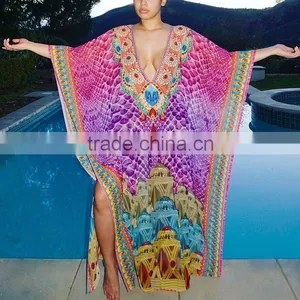 Long Purple Digital Print Crystal Embellished Kaftan CAFTAN Tunic Poncho Blouse thumbnail-3