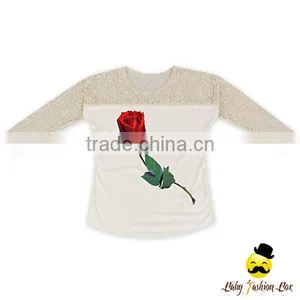 Korean Style Cheap Adult Women Transparent Lace Floral Long Sleeve Rose Printed Cotton Raglan Lady T Shirt Top Blouse thumbnail-2