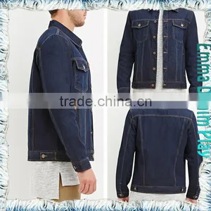 2016 Spring Navy Blue Heavy Rinse Wash Slim Fit Cropped Denim Jeans Jacket for Men thumbnail-1