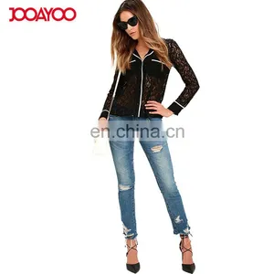 2017 New Sexy See Through Hollow Out Black Sheer Women Lace Tops Images of Ladies Casual Tops thumbnail-3