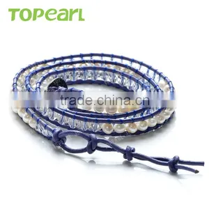 Topearl Jewelry 2016 Potato White Freshwater Pearl and Crystal Bracelet Woven Leather Wrap Girls Fancy Bracelets CLL167 thumbnail-3