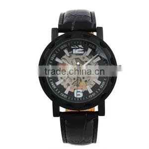 Brand Men's Black Luxury Stainless Steel Skeleton Semi-Automatic Leather Mechanical Watch WM221-ESS thumbnail-1