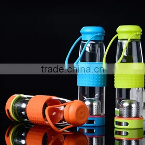 Haonai Promotional Borosilicate Sports Filter Water Glass Bottle With Silicon Sleeves thumbnail-3