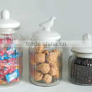 Vertical Stripe Glass Storage Canning Jar With Bird Apple Ceramic Lid thumbnail-1