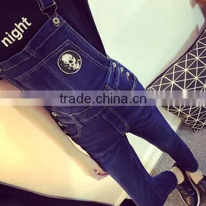 Spring Dark Blue Overalls Siamese Slim Influx of Female Feet Hole Jeans Pants Collapse Was Thin Pants Suspenders thumbnail-5