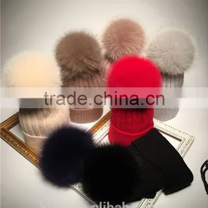Parent-child Girl Women Genuine Dyeing Raccoon Fur Pompom Winter Hat Beanie Thick Knitted Cap With Fox Pom Ball Lady Children thumbnail-1
