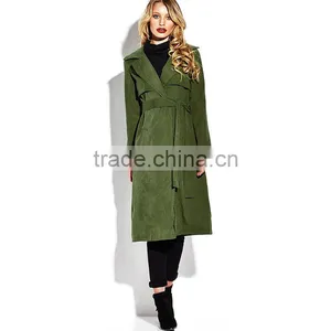 Army Green Open Front Self Belted Below Knee Lady's Winter Trench Coat thumbnail-6