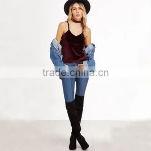 Velvet V-neck Top With Choker, Ladies Sexy Tank Top thumbnail-5