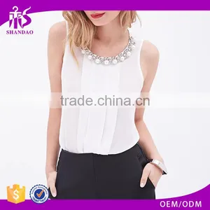 2016 Guangzhou Shandao Oem Service Summer New Design Casual Chiffon Plain Dyed Women Sleeveless Pleat Tank Top With Bead thumbnail-1