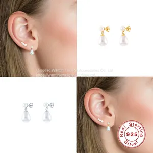 S925 Sterling Silver Flower Pearl Earrings Studs With Diamond thumbnail-4