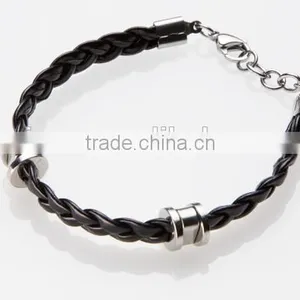 China Factory Supply Customized Unisex Black Braided Leather Cheap Stainless Steel Bracelet thumbnail-1