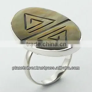 Fancy Rainbow Shell Hand Carved Oval 925 Silver Ring thumbnail-1