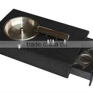 Men's Gift Pratical Black Leather Cigar Ashtrays With Drawer thumbnail-3