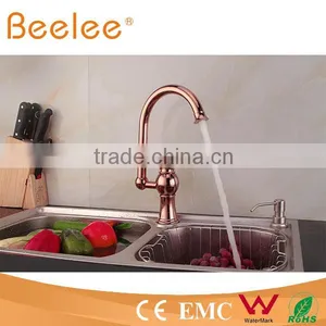 HOT SALE Rose Gold High Arc 360 Swivel Kitchen Faucet With Ceramic Lever Handle QL14029B thumbnail-1
