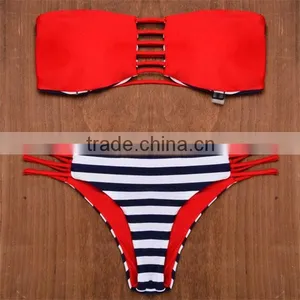 Navy Blue and White Striped Popular Brazilian Reversible Bikini thumbnail-2