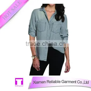 Popular Gray Long Sleeves Autumn 100% Cotton Lady Denim Blouse/shirt thumbnail-1