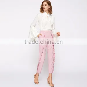 Frilled Women's Tailored Fitted Pants High Waist Pink Cropped Trousers thumbnail-3