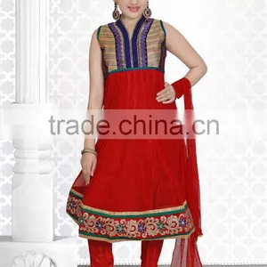 Lovely Red Color With Orange Design at Neck Salwar Kameez Sizzling Girls Ready Made thumbnail-1