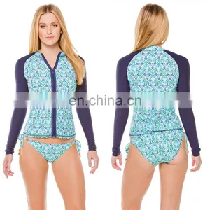 Custom Logo Design Zipper Front Straps Tied Bottom Long Sleeve Stretch Lycra Women Compression Sublimated Rash Guards thumbnail-1