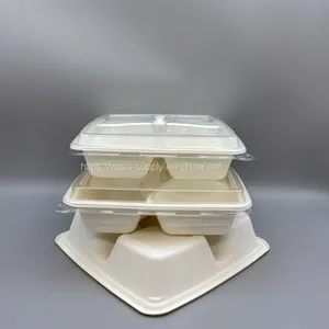 Light Bagasse Sugarcane Serving Tray-4 Compartment With PET Lids Biodegradable Lunch Tray thumbnail-1