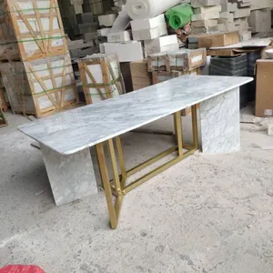 Modern Design Style Rectangular Shape Stone Marble Dining Table Tops Golden Stainless Steel Pedestal Base for Decoration thumbnail-3
