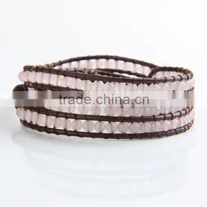 2016 Pink Bracelets Boho Style 4mm Clear Crystal Beaded Bracelets Fine Jewelry On Brown Leather Charm Jewelry thumbnail-2