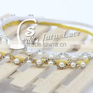 Newborn Baby Rhinestone Pearls Elastic Headband Hair Accessories / Glitter Crystal Diamond Ribbon Silk Jewelry on Sale thumbnail-2