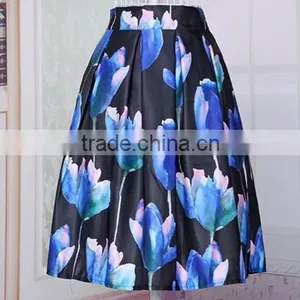 Women Fashion Retro Elegant Elastic High Waist Zipper Flower Print Pleated Midi Skirt thumbnail-6