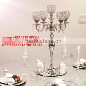 Wholesale Latest 5 Arms Crystal Candleabra Sliver Iron Chorme Wedding Candelabras Centerpieces With Crystal Bead thumbnail-1