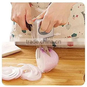 Onion Holder Vegetable Potato Cutter Slicer Gadget Stainless Steel Fork Slicing Odor Remover Kitchen Tool (Stainless Steel) thumbnail-1