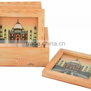 Wooden Handicraft Gem Stone Art Taj Mahal Print Tea Coaster thumbnail-1